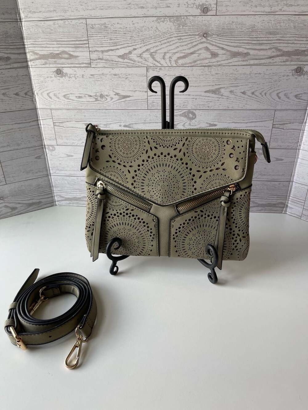 Francesca's Inez Laser-Cut Vegan Leather Crossbody Bag in Olive Green